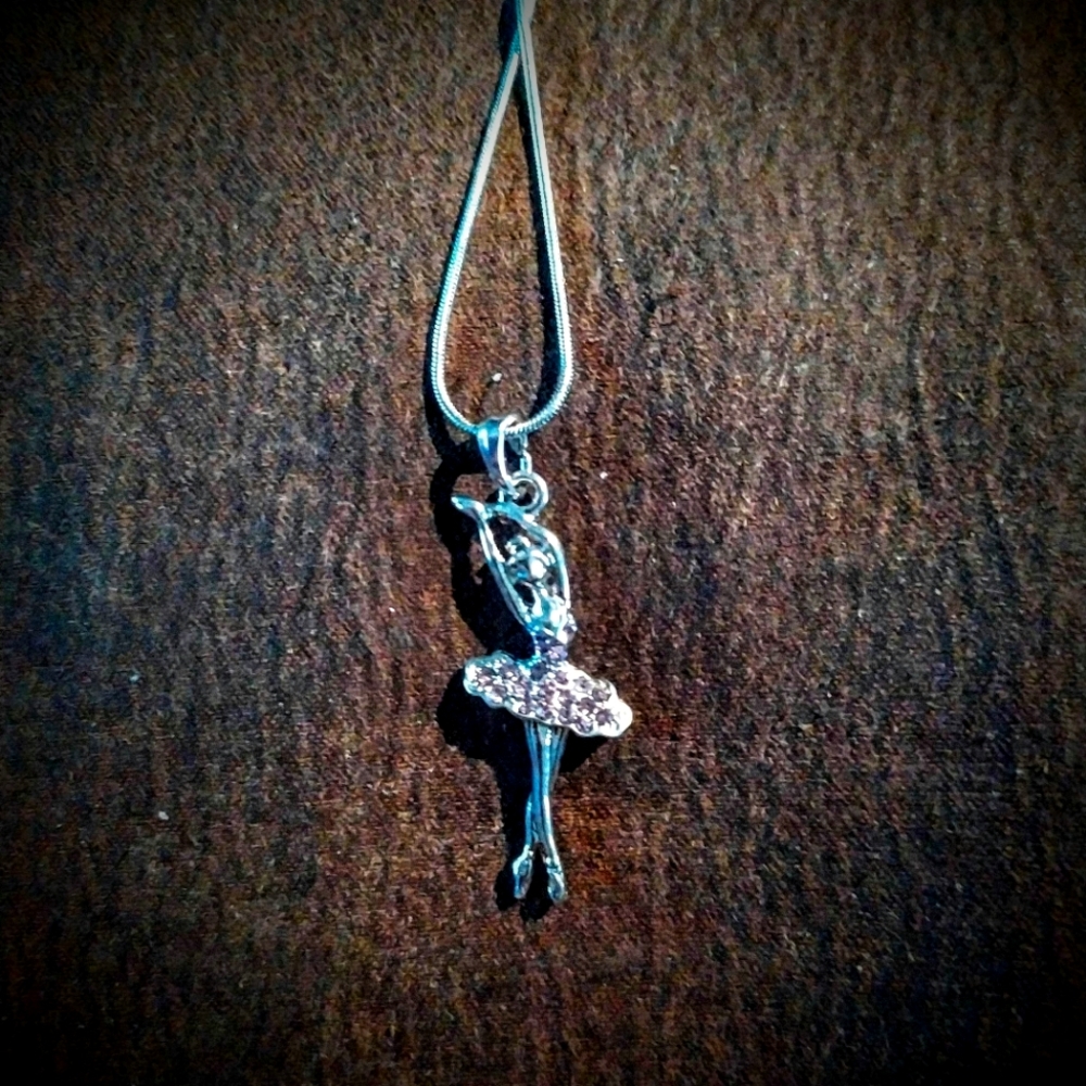 Silver tone and crystals ballerina pendant and 16" necklace